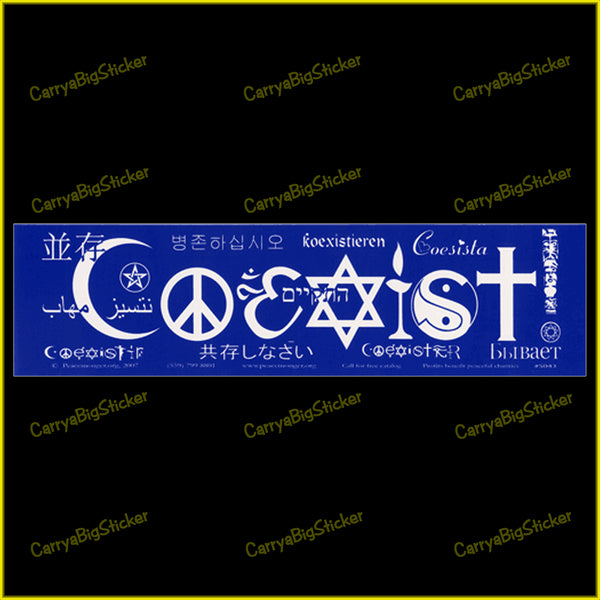 Bumper Sticker or Bumper Magnet says, Coexist. Lettering is comprised of religious symbols. Smaller lettering around this spells Coexist in different languages.