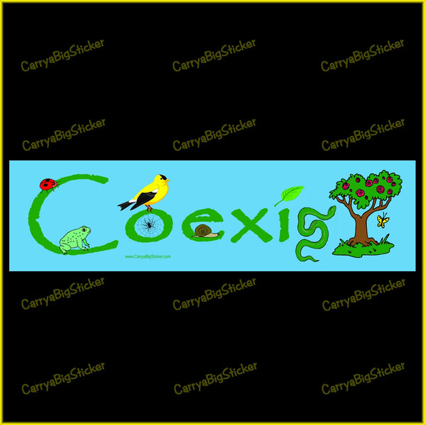 Bumper Sticker or Bumper Magnet says Coexist. Features an environmental theme that includes a tree, bird, ladybug, frog and other creatures.
