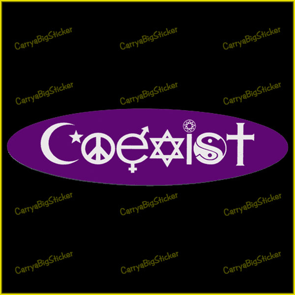 Bumper Sticker or Mini Sticker says, Coexist. Is in the shape of an oval.