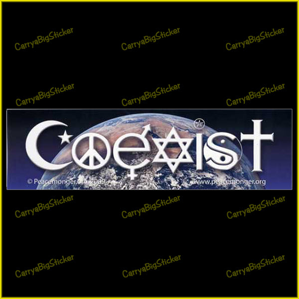 Bumper Sticker or Bumper Magnet says, Coexist. Letters comprised of religious symbols are superimposed over an image of Earth from space.