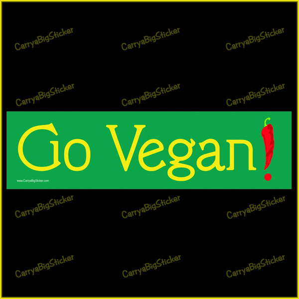 Bumper Sticker or Bumper Magnet says, Go Vegan! Exclamation point is formed from a chili pepper.