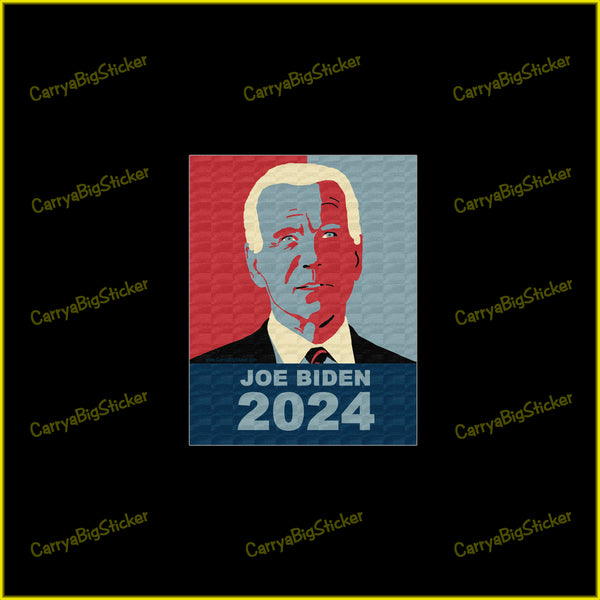 Poster-style bumper sticker or bumper magnet says, Joe Biden 2024, with artistic image of Joe Biden's face.