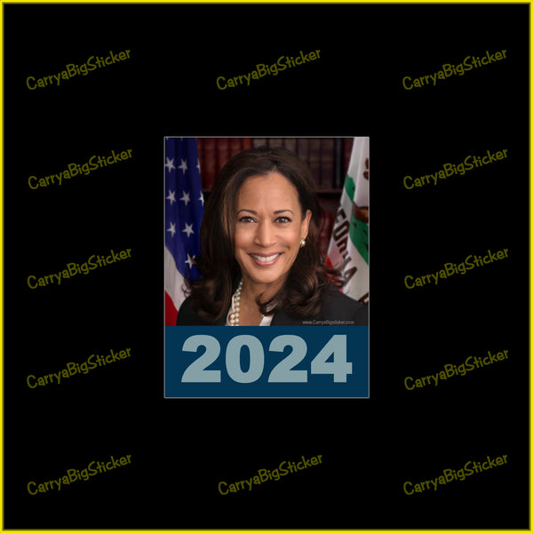 Bumper Sticker or Bumper Magnet features a photo of Kamala Harris above 2024.