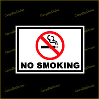 Rectangular sticker or magnet says, No Smoking. Features burning cigarette inside red circle with red slash through cigarette.