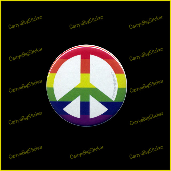Pinback Button shows classic peace symbol depicted in colorful rainbow stripes.