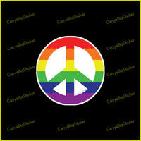 Round Bumper Sticker features peace symbol in rainbow stripes. 