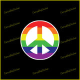 Round Bumper Sticker features peace symbol in rainbow stripes. 