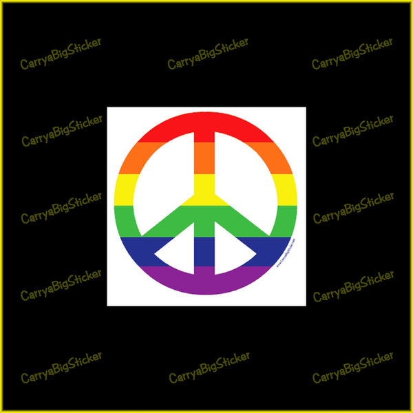 Square Bumper Sticker or Bumper Magnet shows peace symbol with rainbow colored stripes.