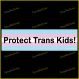Bumper Sticker or Bumper Magnet says, Protect Trans Kids! Features background of light blue and pink stripes like Transgender flag.