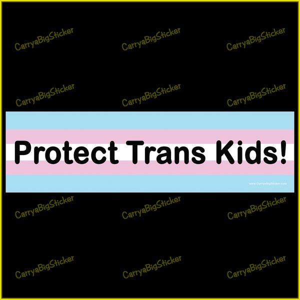 Bumper Sticker or Bumper Magnet says, Protect Trans Kids! Features background of light blue and pink stripes like Transgender flag.