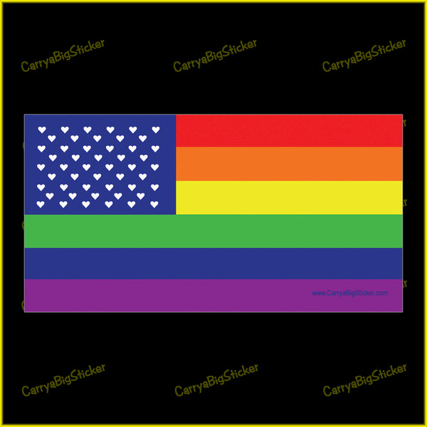 Bumper Sticker or Bumper Magnet shows Rainbow Flag with field of small white hearts on a blue background.