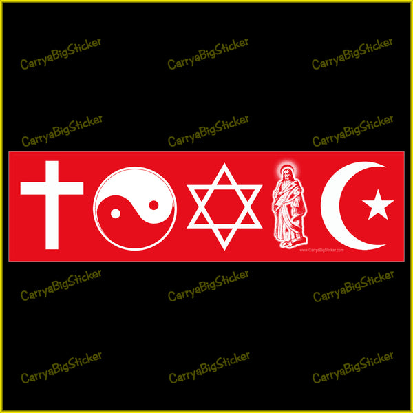 Bumper Sticker or Bumper Magnet says, Toxic. Features various religious symbols including a cross, Star of David, Islamic crescent, etc.