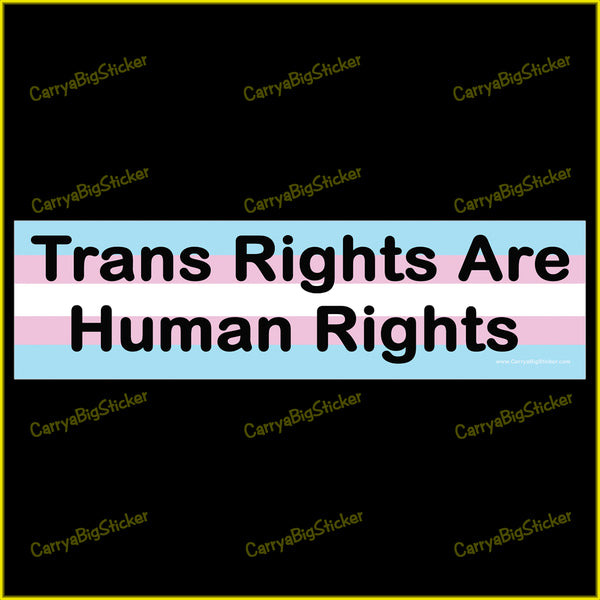 Bumper Sticker or Bumper Magnet says, Trans Rights are Human Rights. Features the colors of the Transgender flag.